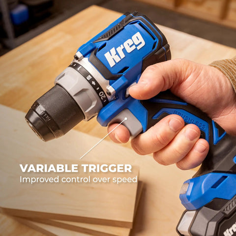 Top Shelf 20 Volt Cordless Compact Power Drill With Kicksome Torque And One Half Inch Keyless Chuck For Tough Diy Chores Variable Speed Switch Plus Dual Range Gearbox And Bright Led Work Lamp Badass Bare Tool Setup, showing variable speed trigger and half inch chuck.