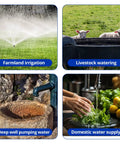 Collage of irrigation, livestock watering, well water pumping, and domestic water supply using 1.75 HP Cast Iron Shallow Well Jet Pump 2070 GPH Above Ground Booster Water Transfer Pump 0 To 25 Ft Deep Dual Voltage 115V And 230V Tough As Nails For Irrigation Lawn Farm Water Removal And Sprinkler Systems