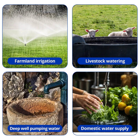 Collage of irrigation, livestock watering, well water pumping, and domestic water supply using 1.75 HP Cast Iron Shallow Well Jet Pump 2070 GPH Above Ground Booster Water Transfer Pump 0 To 25 Ft Deep Dual Voltage 115V And 230V Tough As Nails For Irrigation Lawn Farm Water Removal And Sprinkler Systems