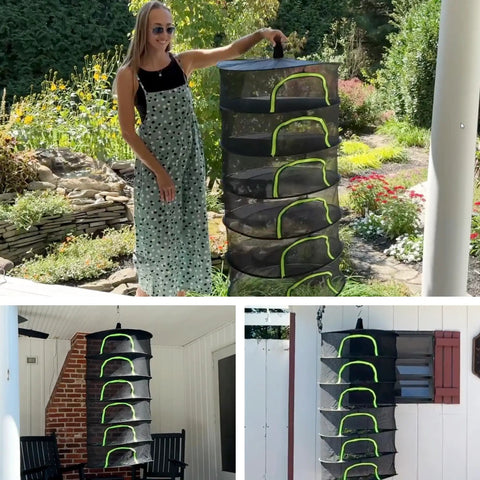 Four Layer 18 Inch Hanging Mesh Herb Drying Rack displayed outdoors and indoors with zipper, hook, and carabiner for airflow drying.