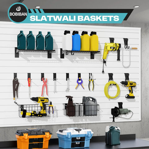 24 Piece Slatwall Accessories Kit With Metal Storage Baskets Heavy Duty Shelf Brackets Multi Size Hanging Hooks For Retail Store Fixtures And A Hella Organized Merch Display Setup