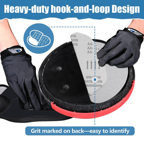 Person attaching 9 Inch 10 Hole White Sanding Discs For Drywall Sander With Quick Change Hook And Loop Backing, gloves on hands.