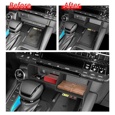 Before and after of Toyota Land Cruiser Prado 250 Center Console Organizer Tray For 2024 2025 2026 ABS Water Resistant Storage Box