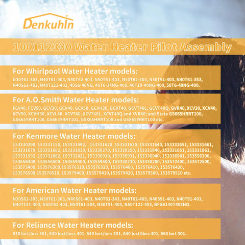 Denkuhin 100112330 water heater pilot assembly with thermopile; compatible with Whirlpool, A.O. Smith, Kenmore, Reliance