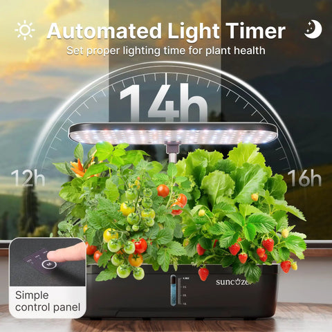 Indoor Hydroponic Garden System Kit With 12 Pods And 20W LED Grow Light with visible control panel, timer, and plants