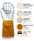 Game Changer 14 Inch Welding Gloves Crafted From Tough Grain Cowhide Leather With Kevlar Stitched Backings And Plush Cotton Liner For Knockout Heat Resistance On Daily Trade Grind detailed view showcasing leather, cotton lining, and reinforced palm.