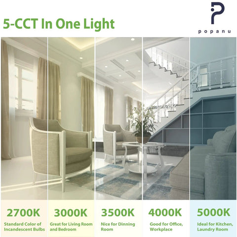 Recessed Ultra Thin No Hassle Canless 6 Inch LED Ceiling Light Kit with 5 CCT Selectable Color Temperature demonstration in room setting.