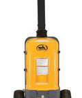 Heavy Duty Electric Powered Tugger With 1000 Lb Pull Capacity For Effortless Factory Material Handling Featuring Ergonomic Handle And Dead Man Switch Safety System In Bright Yellow Black Finish, rear view with handle and wheels.