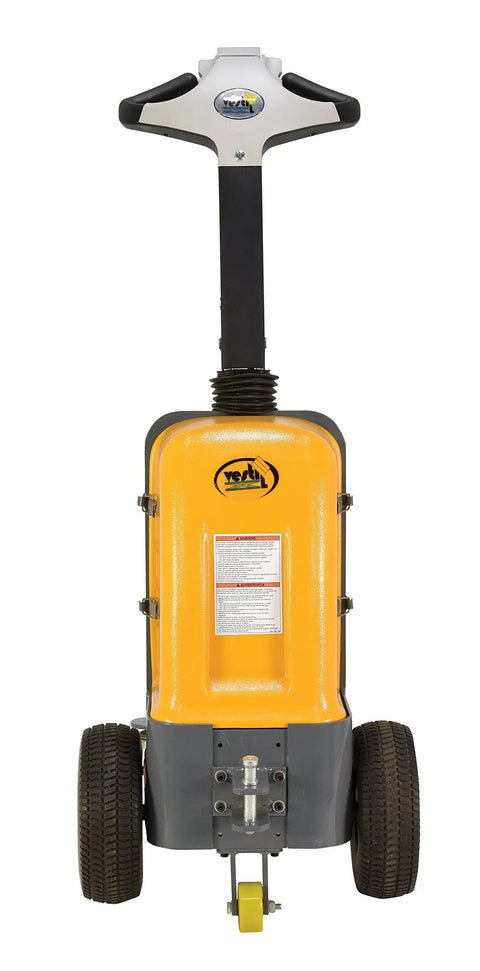 Heavy Duty Electric Powered Tugger With 1000 Lb Pull Capacity For Effortless Factory Material Handling Featuring Ergonomic Handle And Dead Man Switch Safety System In Bright Yellow Black Finish, rear view with handle and wheels.