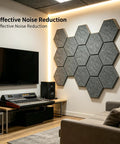 12 Pack Hexagon Acoustic Foam Panels Self Adhesive Sound Dampening Tiles High Density Wall Art mounted in modern studio.