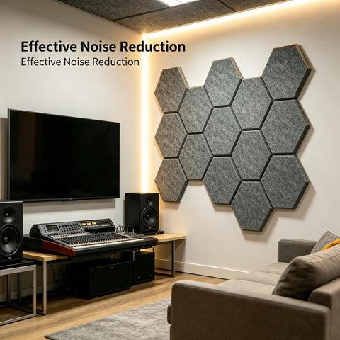 12 Pack Hexagon Acoustic Foam Panels Self Adhesive Sound Dampening Tiles High Density Wall Art mounted in modern studio.