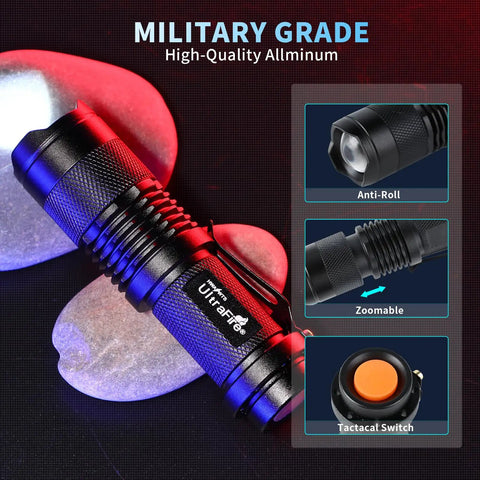 Military-grade aluminum 5 Pack SK68 Tactical Flashlights, 7W LED, zoomable focus, anti-roll design, tactical switch details