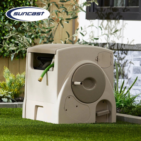 Automatic Rewind Garden Hose Reel with 100 Feet Five Eighths Inch Vinyl Hose Foot Pedal Auto Retract Smart Trak Taupe Finish
