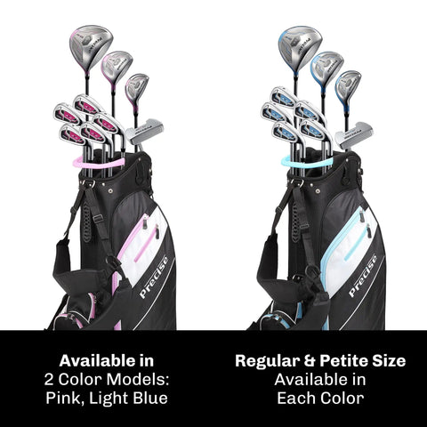 Ladies Complete Right Handed Golf Club Set With Lightweight Shafts, Regular And Petite Sizes, 14 Pieces Including Driver, Fairway Wood, Hybrid, Irons, Putter, Deluxe Stand Bag With Pockets, Dual Straps, And 3 Matching Headcovers, in Pink and Light Blue shown side by side.