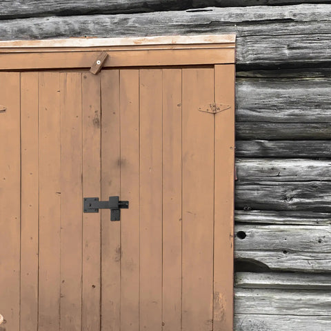 Wooden barn door with Black Barn Door Latch Hook With Hardware Reversible Privacy Lock for Fence and Gate Heavy Duty Security Iron