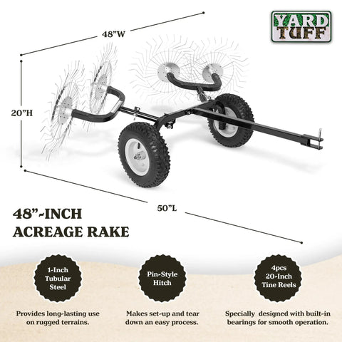 Acreage Lawn Rake With Four Tine Steel Tow Behind Dethatcher, 48-inch wide, showing tubular steel frame and tine reels
