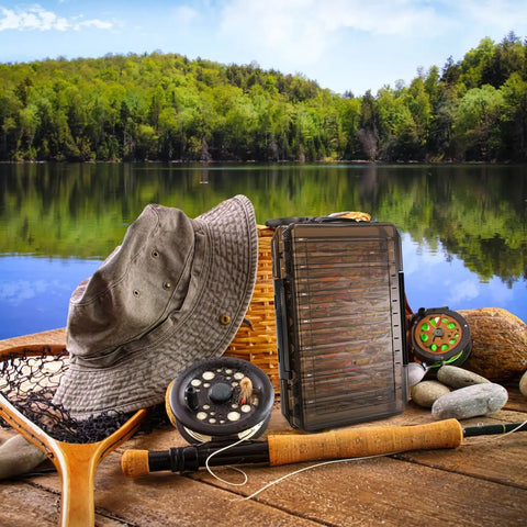 Fishing gear by lake with Three Pack Double Sided Fishing Lure Boxes With 14 Compartments Clear Plastic Tackle Organizer visible.