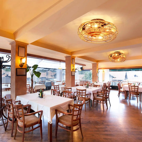 Restaurant interior with Caged Low Profile Ceiling Fan With Light 20 Inch Flush Mount Boho Hemp Rope Farmhouse Style Six Gear Wind Speeds.