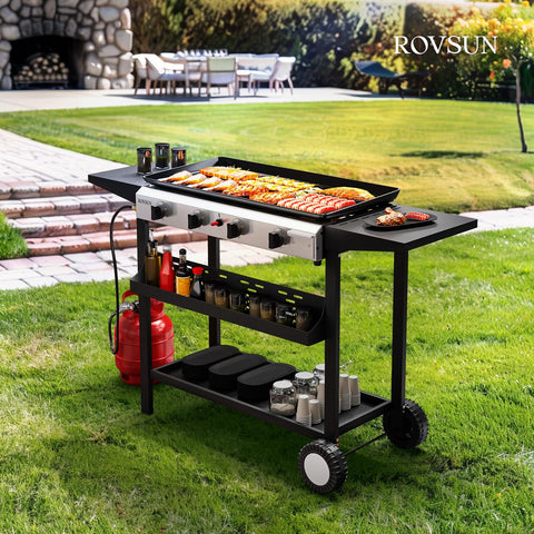 Four Burner Portable Propane Griddle With Electronic Ignition 40,000 BTU Flat Top Gas Grill Rolling Cart in garden setting