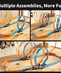 Epic Car Race Track Set for Kids Ages 3 To 12 With 45 Track Pieces And 4 Small Cars Dual Loop Tracks displayed in three configurations.