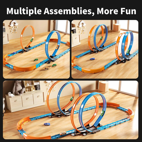 Epic Car Race Track Set for Kids Ages 3 To 12 With 45 Track Pieces And 4 Small Cars Dual Loop Tracks displayed in three configurations.