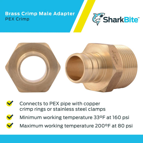 Three Quarter Inch Brass Crimp MNPT Male Adapter For PEX And PE-RT Pipes To FNPT Threaded Connections