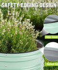 Close-up view of Three Piece Galvanized Raised Garden Bed Set, 2 By 2 By 1 Feet, Open Bottom For Deep Roots, Rust Resistant, Easy Assembly, Safe Edge, Built To Last, Backyard Ready, Ideal For Vegetables And Flowers, Green, showing safety edging with flowers inside.