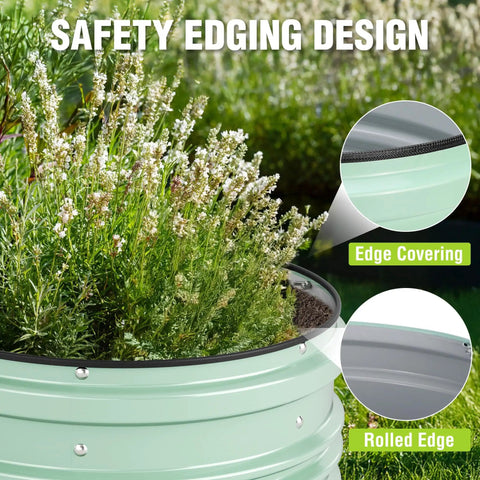 Close-up view of Three Piece Galvanized Raised Garden Bed Set, 2 By 2 By 1 Feet, Open Bottom For Deep Roots, Rust Resistant, Easy Assembly, Safe Edge, Built To Last, Backyard Ready, Ideal For Vegetables And Flowers, Green, showing safety edging with flowers inside.