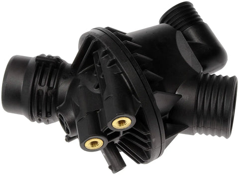 Heavy Duty Engine Coolant Thermostat Housing Assembly Direct Fit Replacement For Daily Drivers, black plastic design with threaded ends.