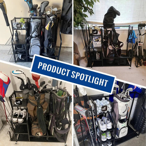 Collage of Garage Ready Golf Storage Organizer for two bags with shelves and club rack in garage and home settings.