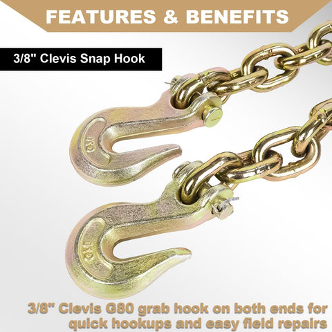 Two Pack Binder Chains With Hooks Three Eighths Inch By Twenty Foot Log Chain For Load Tie-Down Trailer Flatbed Farm Safety Tow Chain