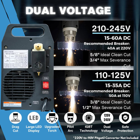 60 Amp Plasma Cutter With Drag Cut Control For Smooth Straight Cuts Up To Five Eighths Inch On Steel Aluminum And Copper Non Touch Pilot Arc New Design Torch shown in dual voltage setting.