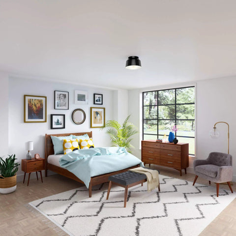 Modern bedroom with Matte Black Flush Mount Ceiling Light With Bell Shade, dimmable, medium size for various living areas.