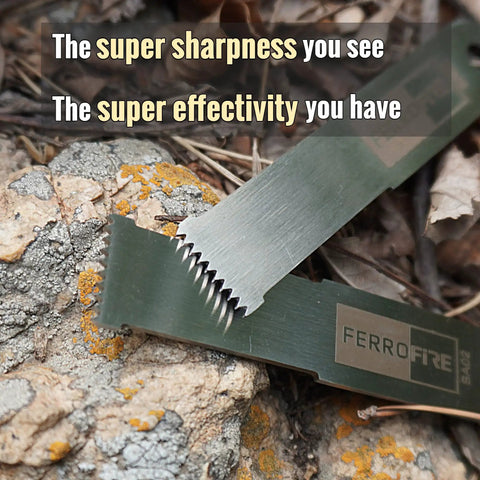 Two Pack Super Sharp Serrated Carbon Steel Ferro Rod Scraper For Fire Starting shown on rocky surface outdoors.