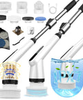 Badass Cordless Electric Spin Scrubber With High Torque Motor And Adjustable Speeds For Blasting Away Tough Bathroom Scale And Shower Soap Scum Long Lasting Battery Keeps You Working Harder, showing attachments and two scrubber brushes.