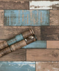 Faux Wood Peel And Stick Wallpaper For DIY Projects with blue and brown wood grain pattern, roll measuring 17.71 by 118 inches