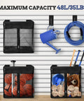 Large Mesh Slatwall Baskets Set Of 2 With 4 Hooks, 16x16x12 Inch Hanging Slat Wall Baskets, 48L Capacity, shown with sports equipment