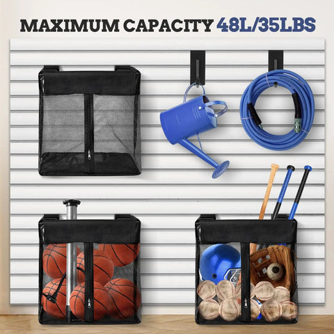 Large Mesh Slatwall Baskets Set Of 2 With 4 Hooks, 16x16x12 Inch Hanging Slat Wall Baskets, 48L Capacity, shown with sports equipment