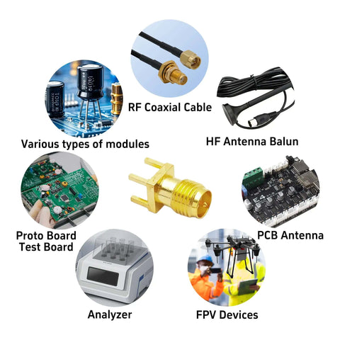 Various modules with 10 Piece SMA Female PCB Mount Connector Set, 50 Ohm RF Brass Edge Solder Mount, antennas, and devices