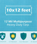 Heavy Duty Waterproof 10x12 Tarp 12 Mil Thick Blue Cover For Camping Tent Boat RV Car And Pool UV Resistant Rip And Tear Proof