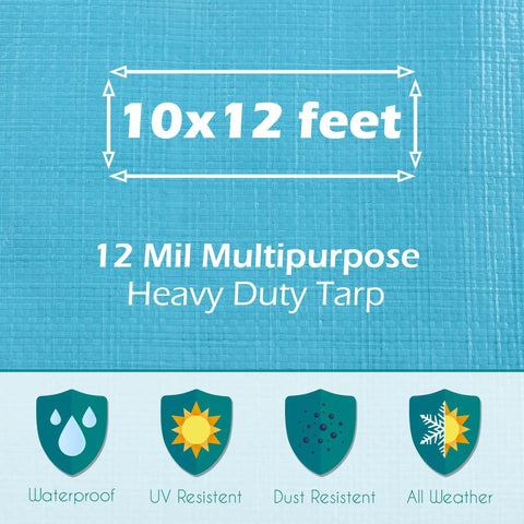 Heavy Duty Waterproof 10x12 Tarp 12 Mil Thick Blue Cover For Camping Tent Boat RV Car And Pool UV Resistant Rip And Tear Proof