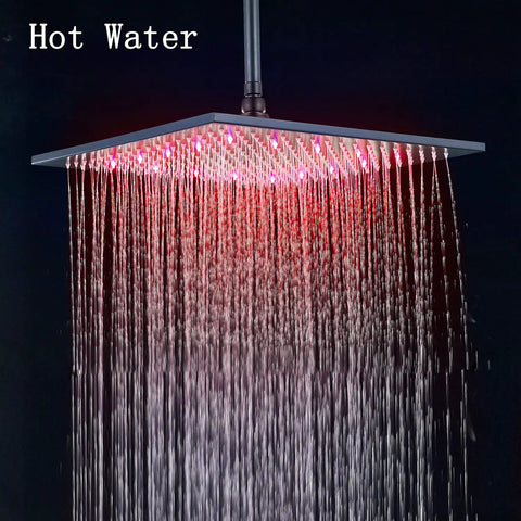 LED Shower System With 16 Inch Rain Shower Head And Handheld, Wall Mounted, High Pressure Brass And Stainless Fixture, Temperature Activated LED Color, Black Finish, No Fuss Setup displaying red LED for hot water.