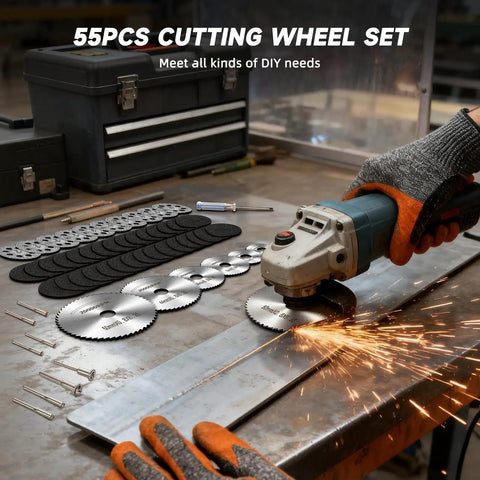 Ultimate 55 Piece All In One Rotary Tool Cutting Wheel Kit With Resin Discs Diamond Wheels HSS Blades on workbench