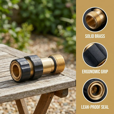 Easy Snap Garden Hose Quick Connectors Three Quarter Inch Fittings Set Of 2 Water Hose Adapters for garden use shown on a table