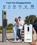 Level 2 EV Charger with WiFi App connected to car, couple using app, and mobile interface on screen, 32A J1772 25Ft cable.