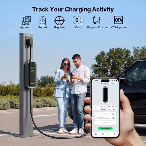 Level 2 EV Charger with WiFi App connected to car, couple using app, and mobile interface on screen, 32A J1772 25Ft cable.