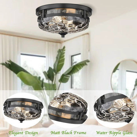 2 Light Farmhouse Flush Mount Ceiling Light Black With Hammered Glass Industrial Close To Ceiling Fixture
