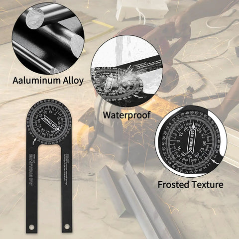 Professional Grade Aluminum Miter Saw Protractor With Dead On Laser Etched Markings For Crown Molding Trim Work Precision Carpenter Layout Gauge And Angle Finder Tool featuring aluminum alloy, waterproof, and frosted texture.