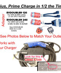 Plug And Play EV Charger Upgrader Adapter For Toyota Prius Prime And Hybrids showing EVDOUBLER options and charging connector.