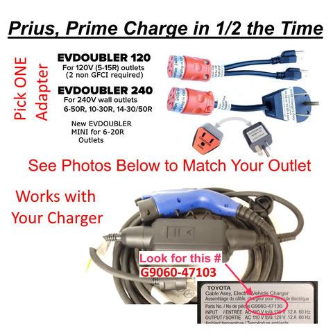 Plug And Play EV Charger Upgrader Adapter For Toyota Prius Prime And Hybrids showing EVDOUBLER options and charging connector.